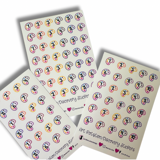 One sheet of each rotation schedule.  Each sticker has a bold number representing the rotation day on a colorful pain pallet. 