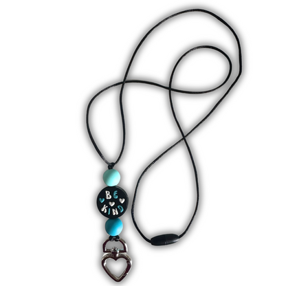 Blue Be Kind teacher lanyard with inspirational message, safety breakaway clasp and sturdy heart-shaped clasp for holding keys and ID badges.