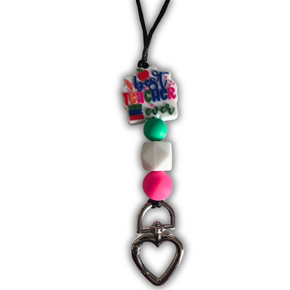 Close-up view of Best Teacher Ever lanyard showing handcrafted quality, adorable design details, and sturdy clasp for secure key holding.