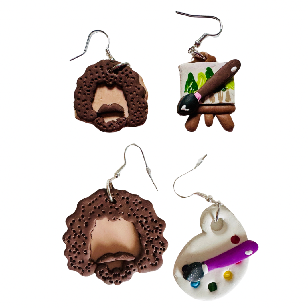 Handcrafted Bob Ross polymer clay earrings featuring Bob Ross portrait and paint palette design, perfect for art teachers and Bob Ross fans.