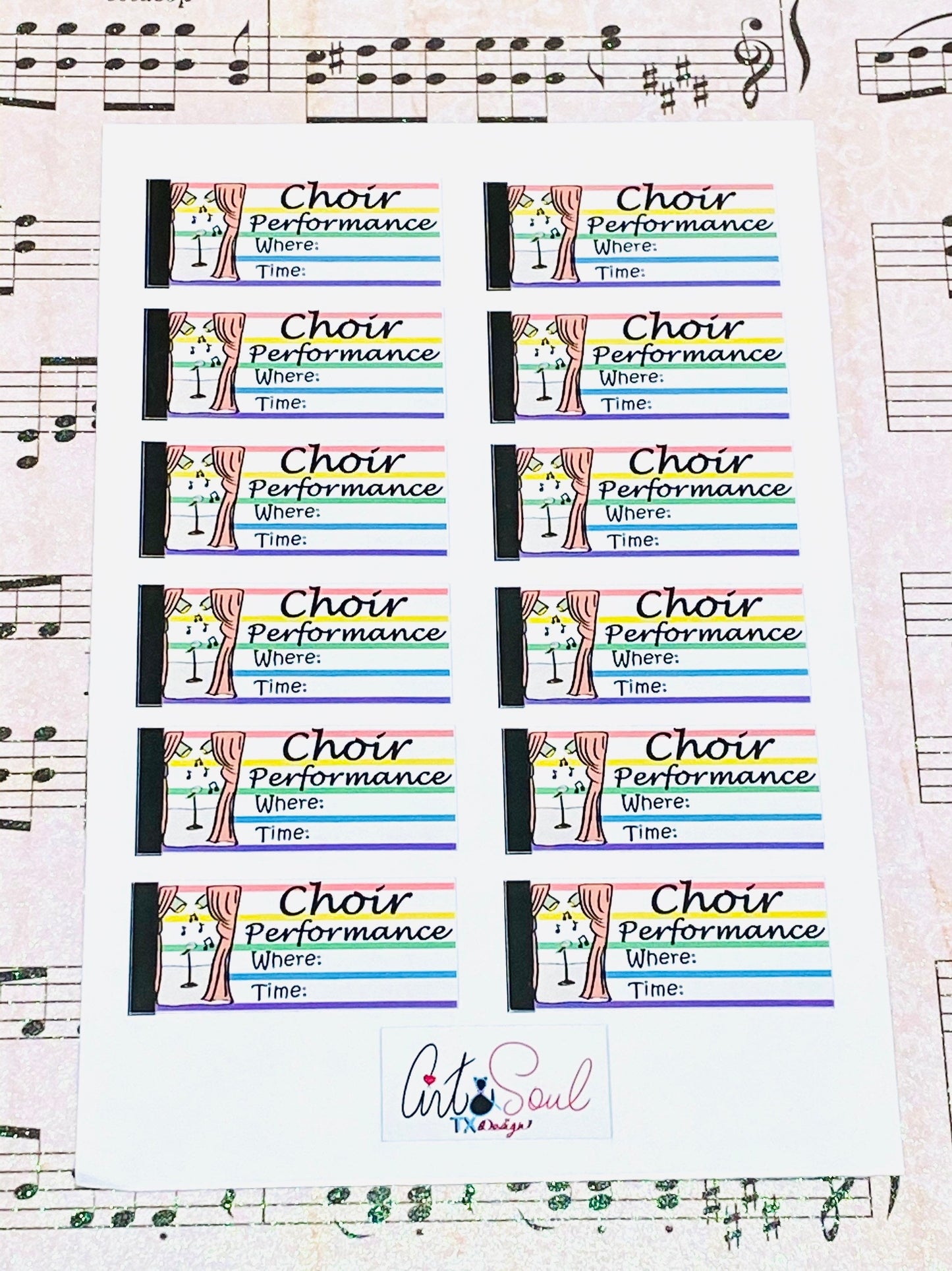 Bright choir performance stickers displayed on musical notes background showing vibrant hand-drawn design details.