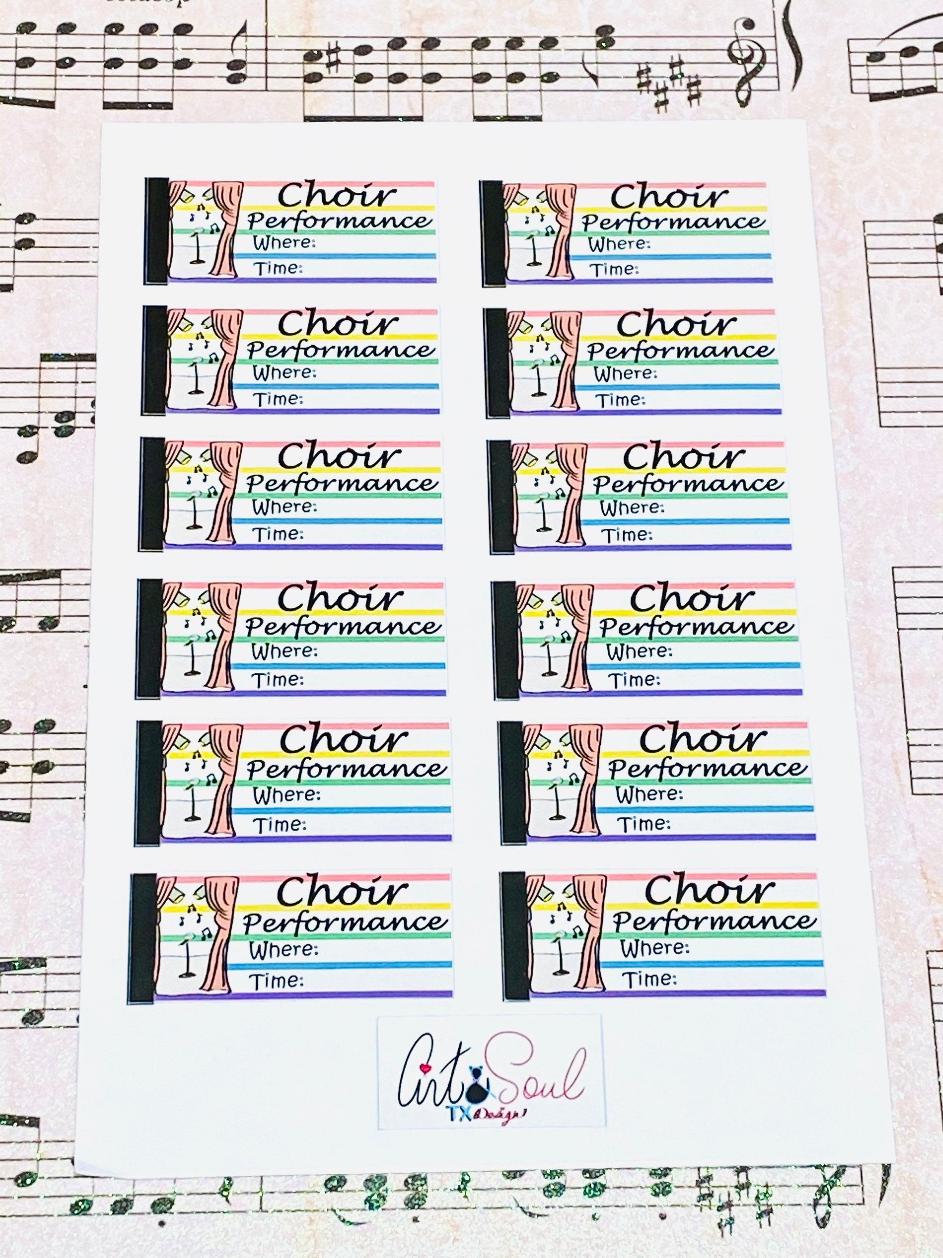 Bright choir performance stickers displayed on musical notes background showing vibrant hand-drawn design details.