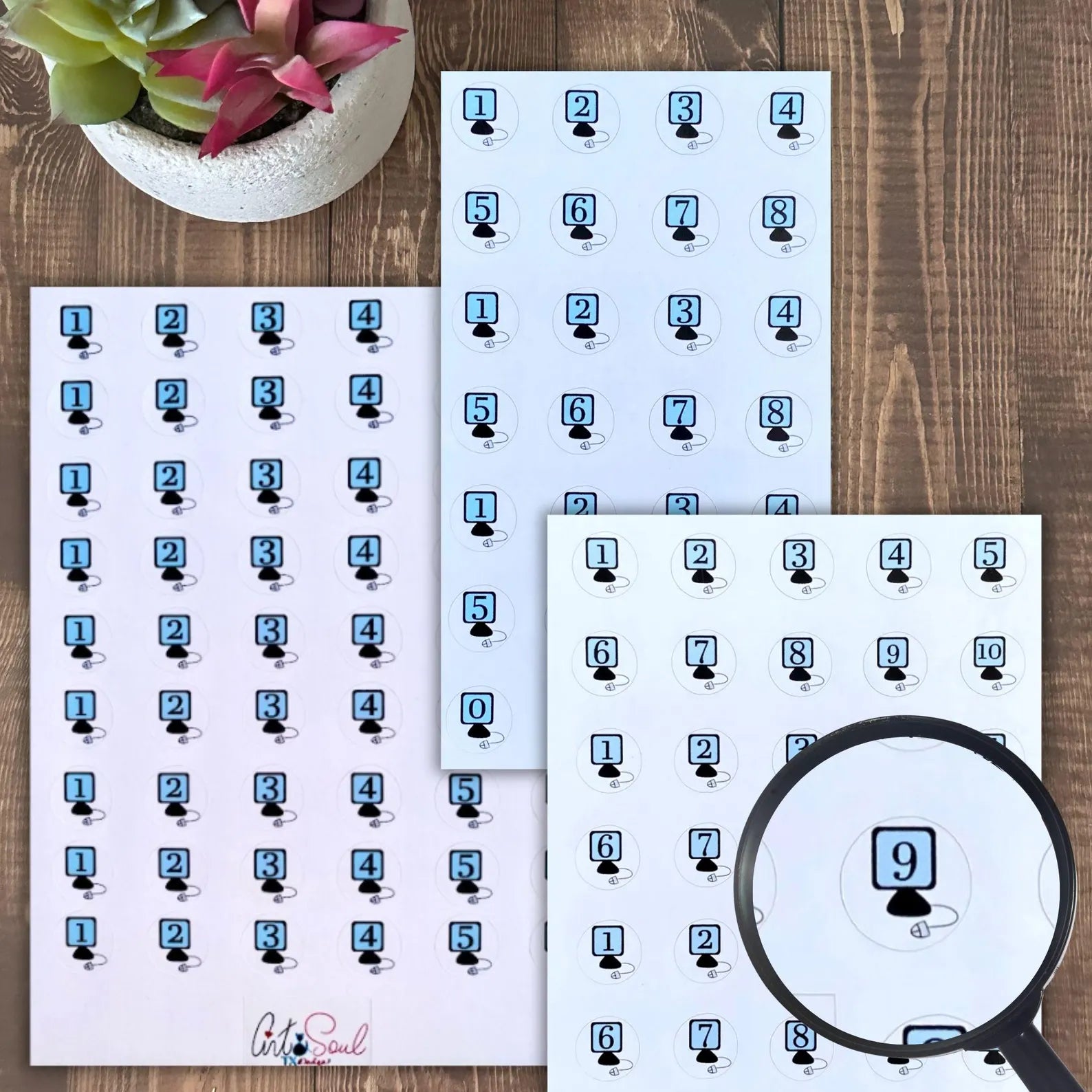 Six, eight, and ten day computer rotation sheets with a magnifying glass showing a detailed view of the Day 9 sticker.