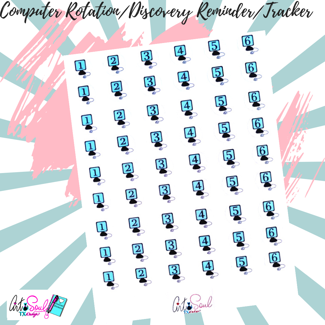 6 day computer rotation schedule sticker sheet displayed on colorful blue and white radial striped background.
