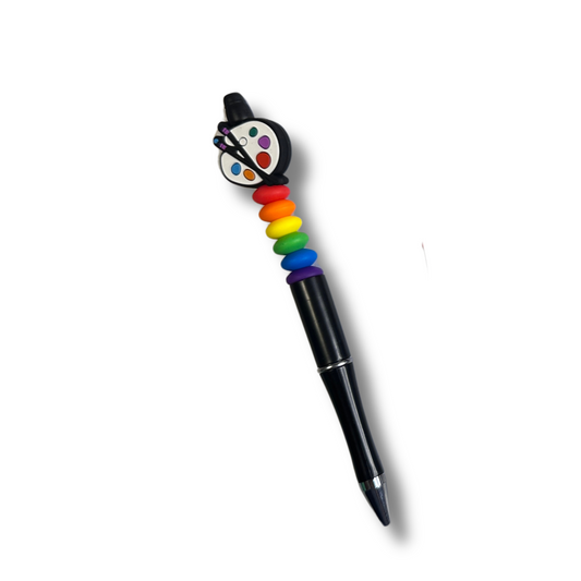 Lively art teacher pen with colorful rainbow silicon beads and paint palette charm, featuring black refillable ink.