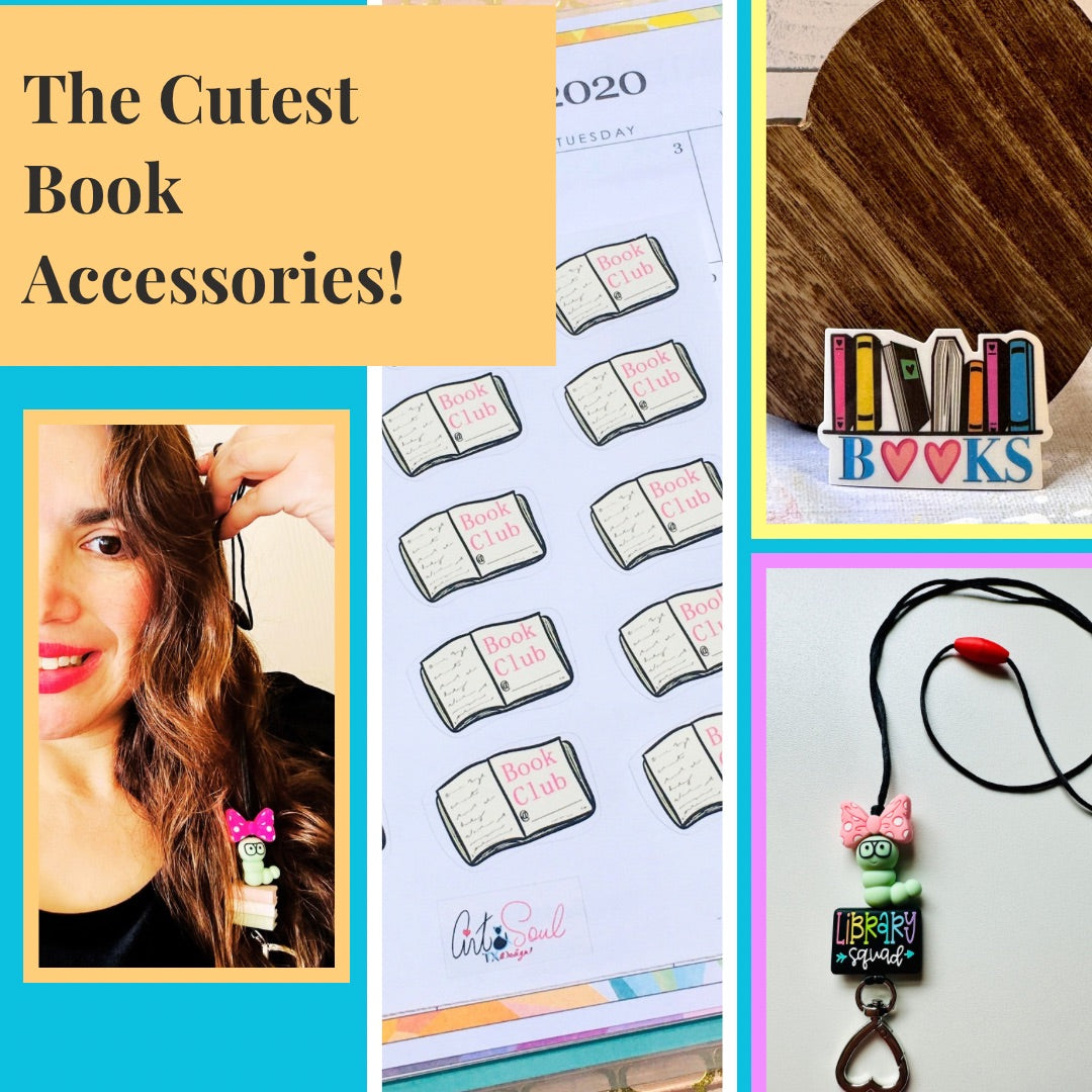 A collage promoting cute book-themed accessories. The left panel shows a smiling woman holding a small pink bow accessory. On the right a sample image of “Book Club” planner sticker, then a Librarian Squad Lanyard, and at the top right, a cute book sticker