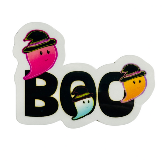 "Close-up of cute ghosts Halloween vinyl sticker showing three colorful ghosts wearing hats floating in front of the word BOO on white background