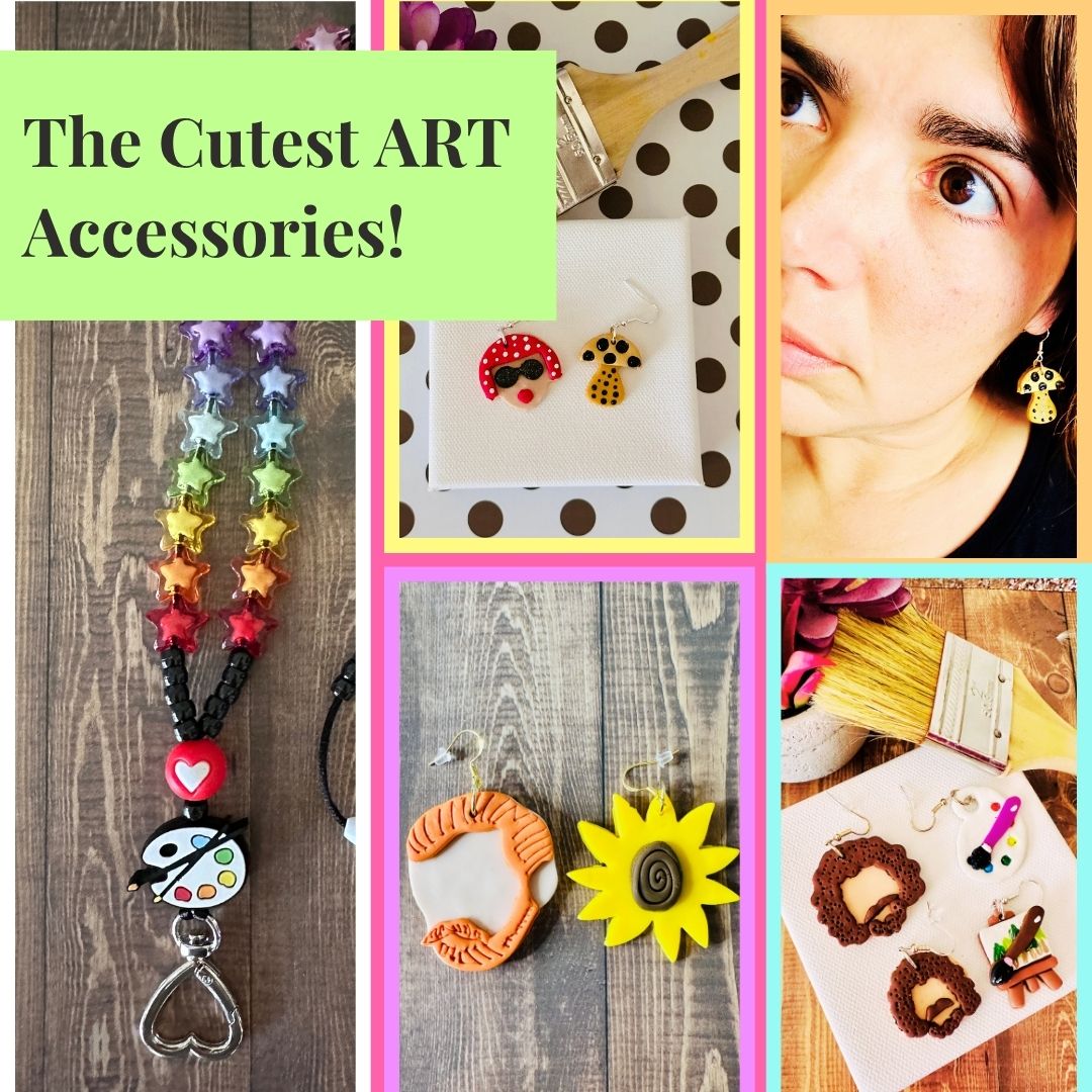 A collage-style promotional image for 'The Cutest Art Accessories!' showing handmade art-themed accessories: a rainbow beaded artist lanyard along with famous artist inspired earrings like Van Gogh, Yayoi Kusama (Mushroom earring worn by a woman), and Bob Ross. Multiple product views and decorative art elements are arranged on wood and polka-dot backgrounds.