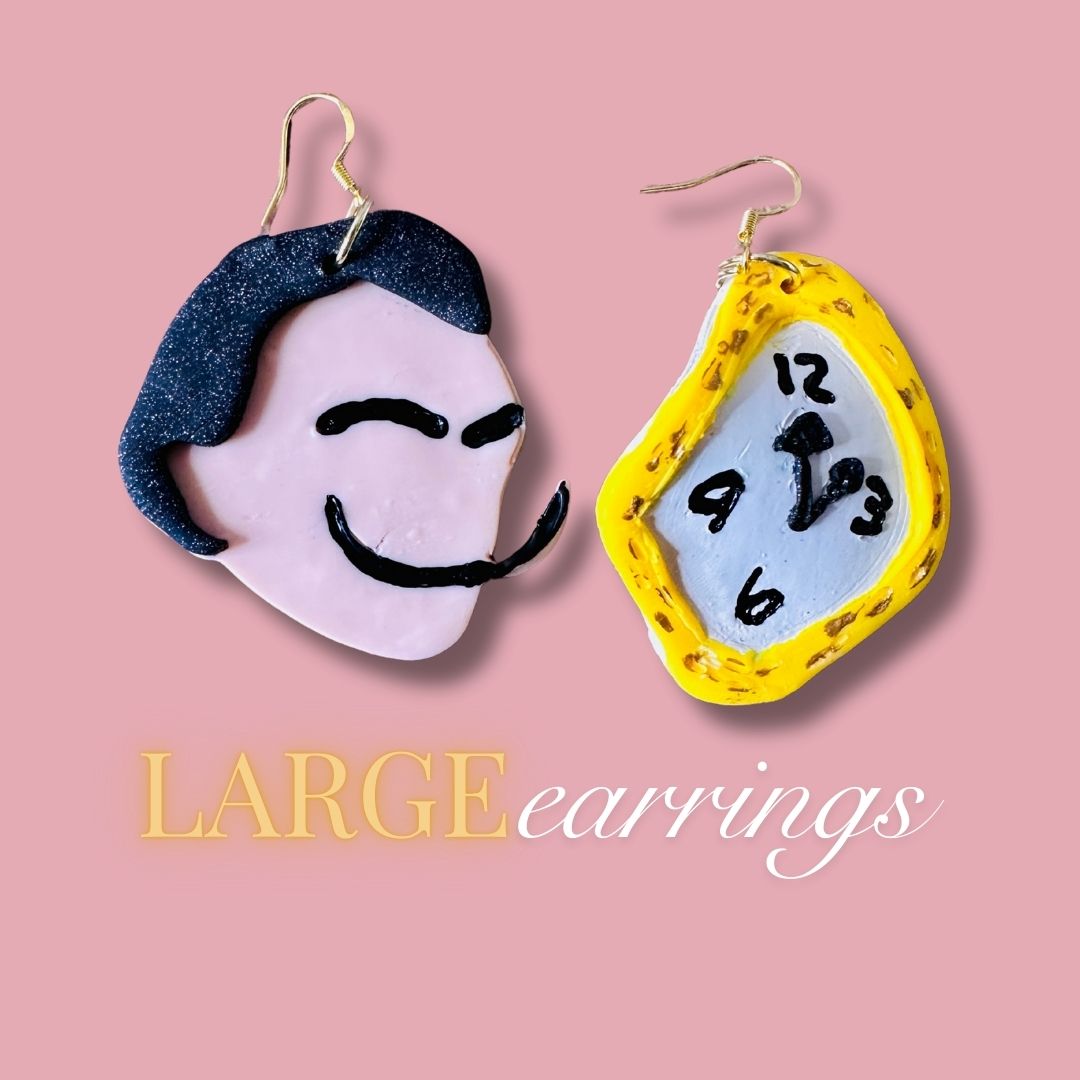 Two unique earrings on a pink background with 'LARGE earrings' text. They're 24K gold hoops.
