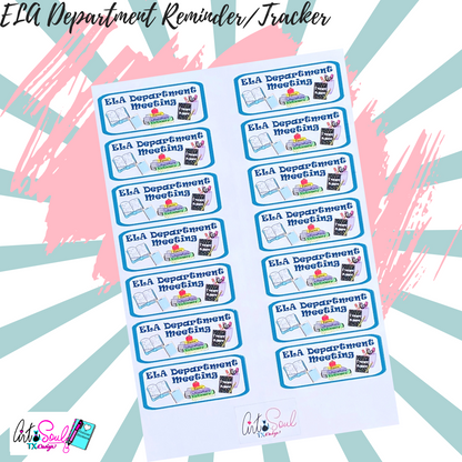 ELA Department Meeting teacher stickers on colorful blue pink white background - planner accessories.