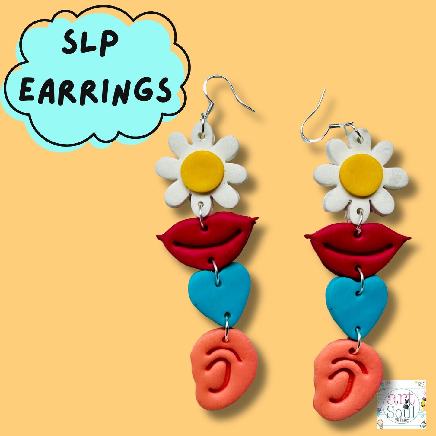 Colorful earrings with lips, flowers, and hearts on a orange background with 'SLP EARRINGS' text.
