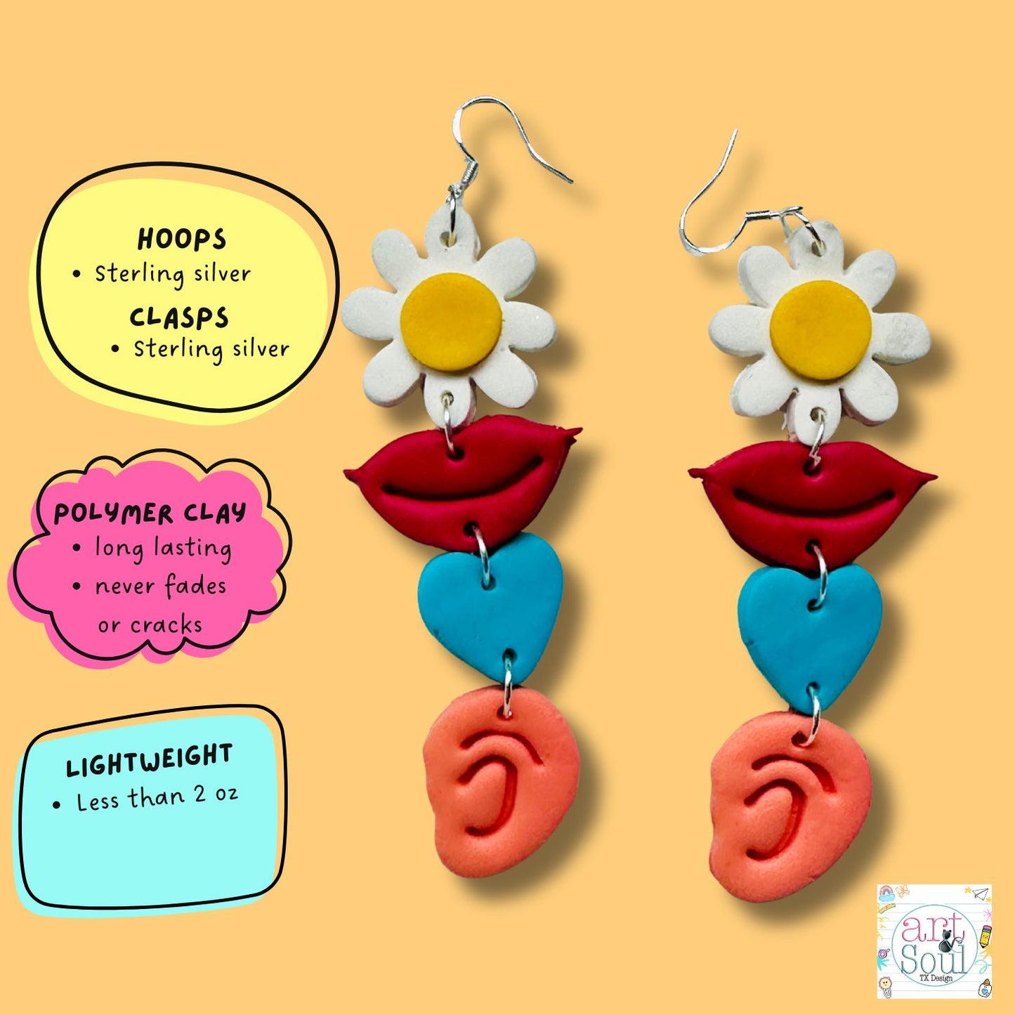 Colorful earrings with floral, lip, and ear designs and basic material description on a orange background.