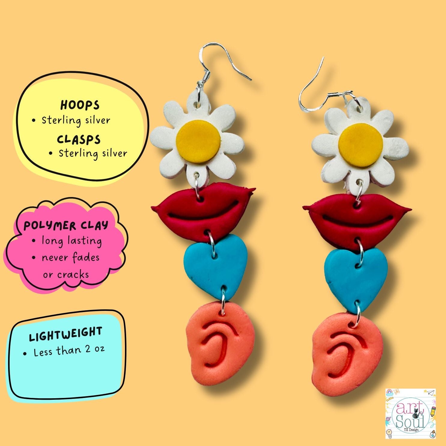 Colorful earrings with floral, lip, and ear designs and basic material description on a orange background.