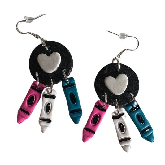 Handmade crayon teacher earrings with white heart on black circle, pink white teal crayons, polymer clay teacher jewelry gift