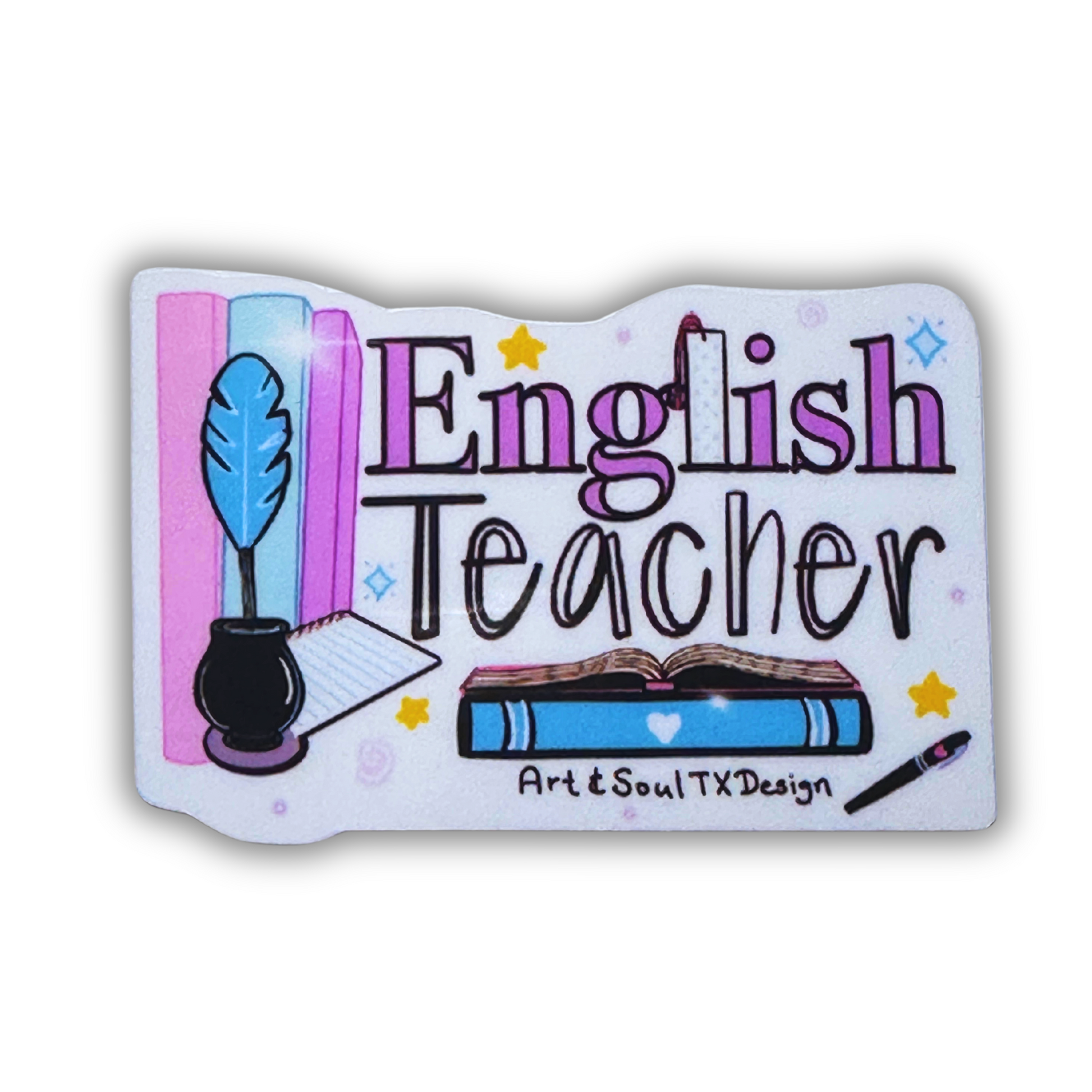 English Teacher sticker with book, feather pen, and ink on starry background - hand-drawn vinyl.