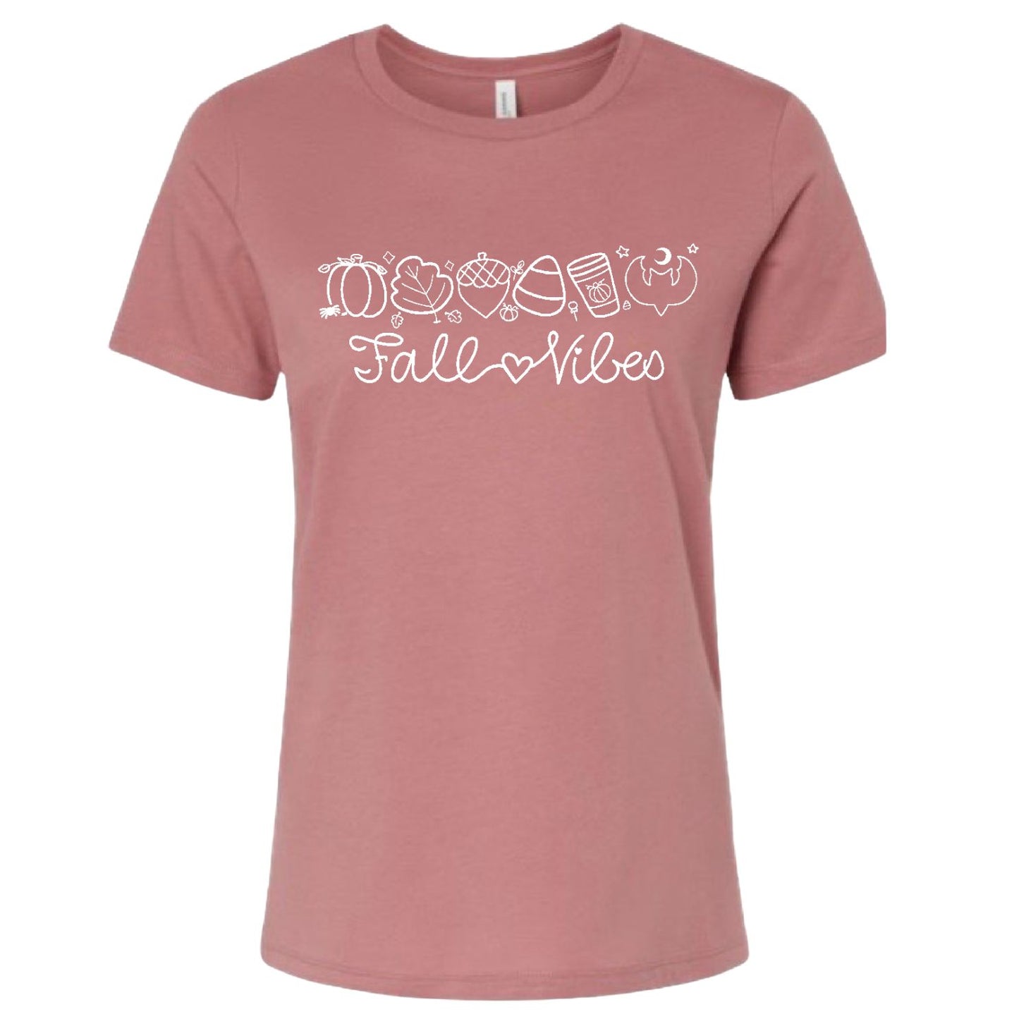 A dusty rose short-sleeve crewneck t-shirt with a white graphic print on the chest reading 'Fall Vibes' with autumn-themed icons, shown against a plain white background.