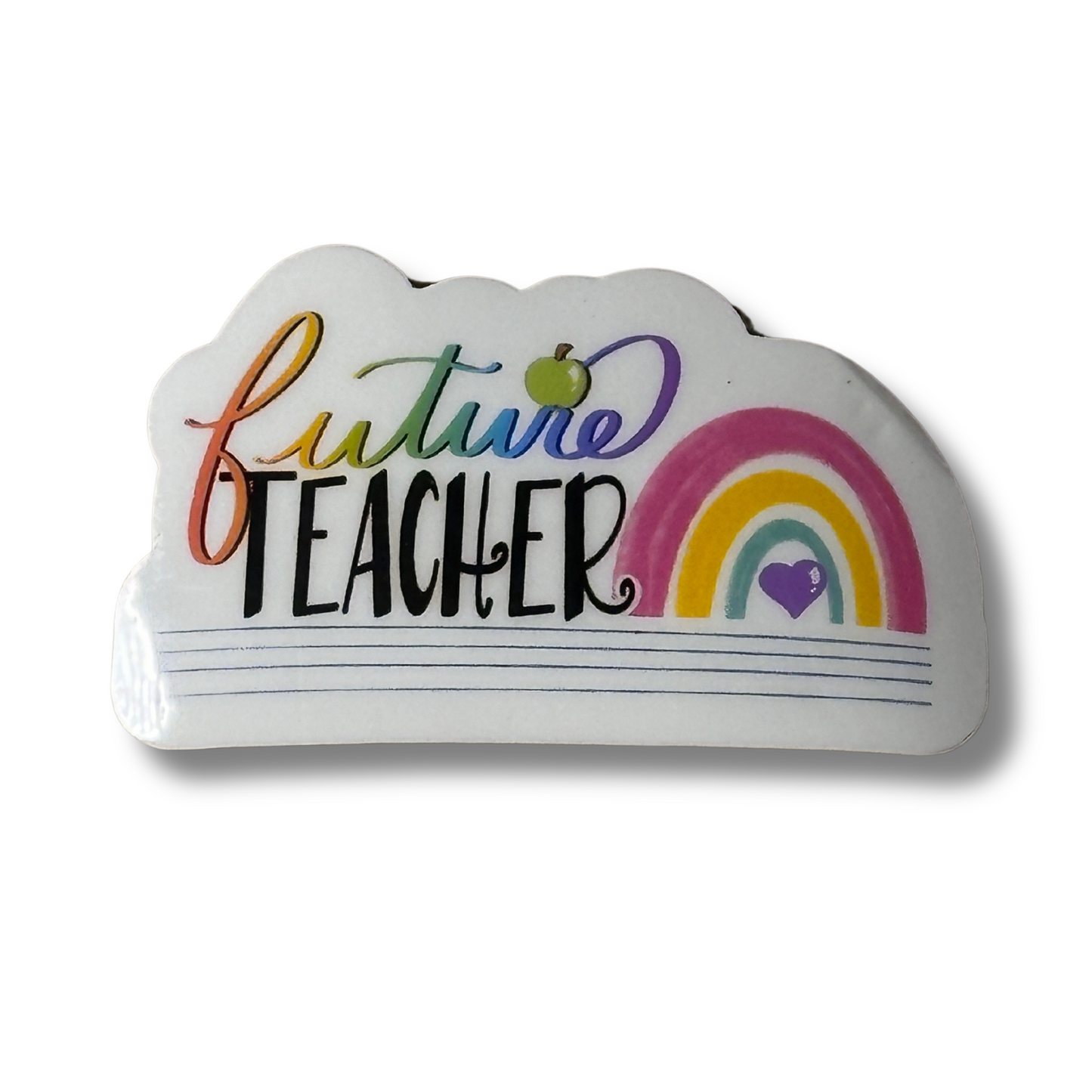 A white vinyl sticker with the phrase 'Future Teacher' written in colorful letters, accompanied by a rainbow, an apple, and a heart.