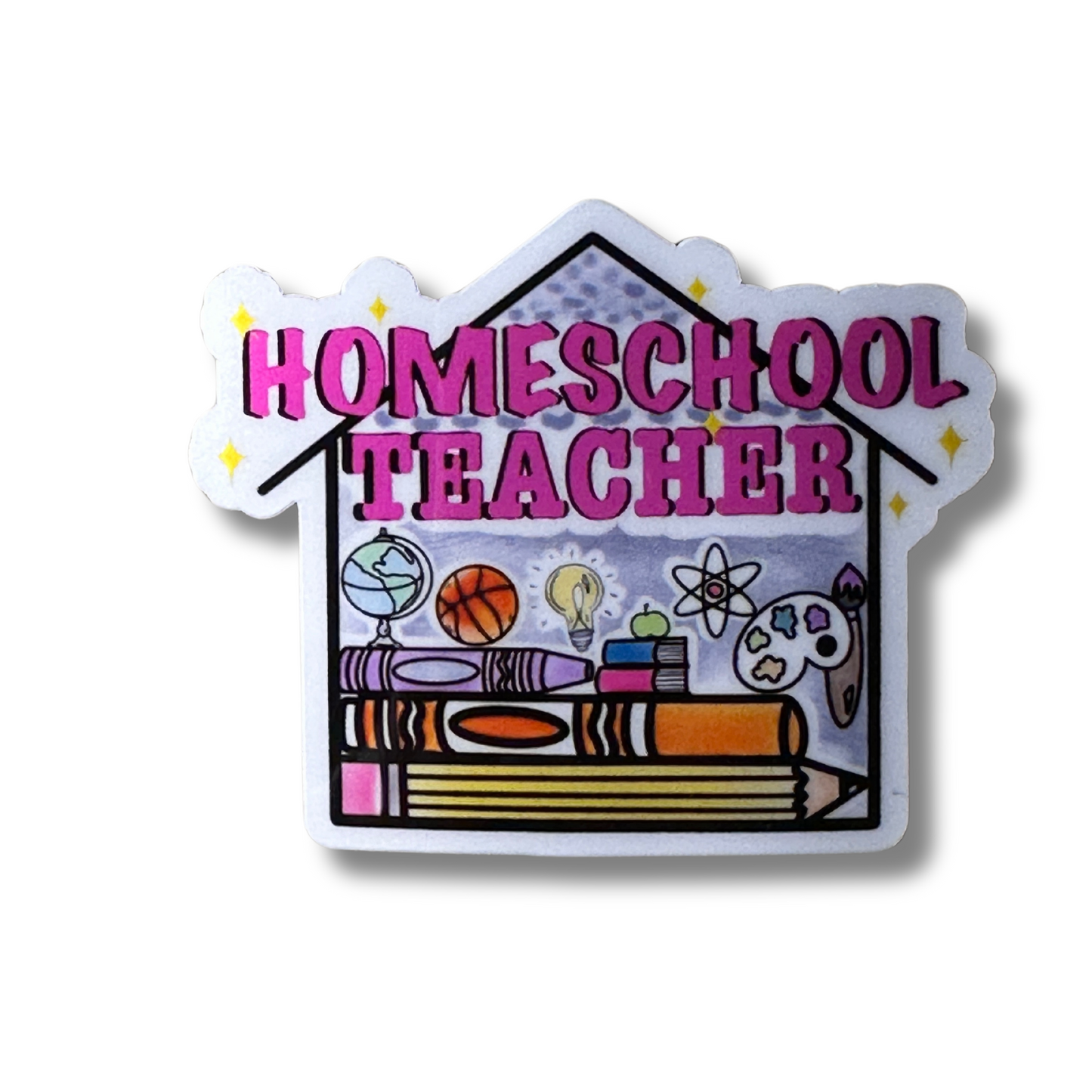 A sticker with a house design and the text 'Homeschool Teacher' along with various colorful illustrations such as a basketball, books, and a light bulb.