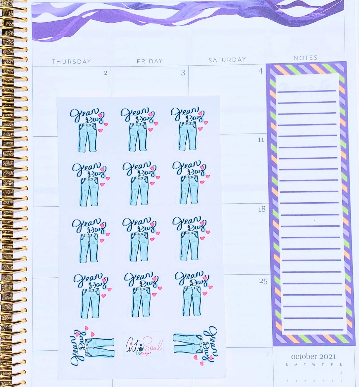 Jean Day sticker sheet in teacher planner zoomed out full view.
