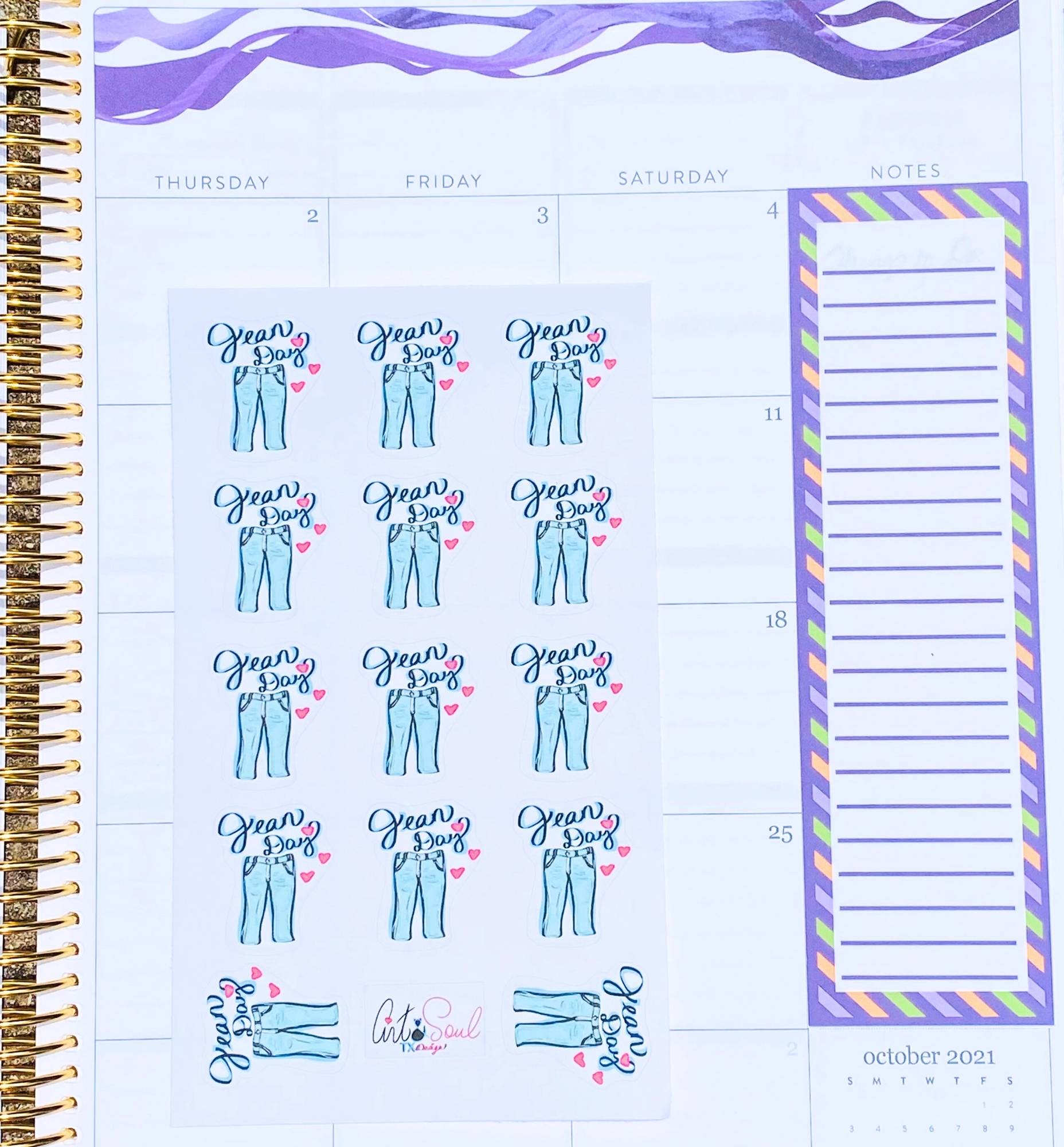 Jean Day sticker sheet in teacher planner zoomed out full view.
