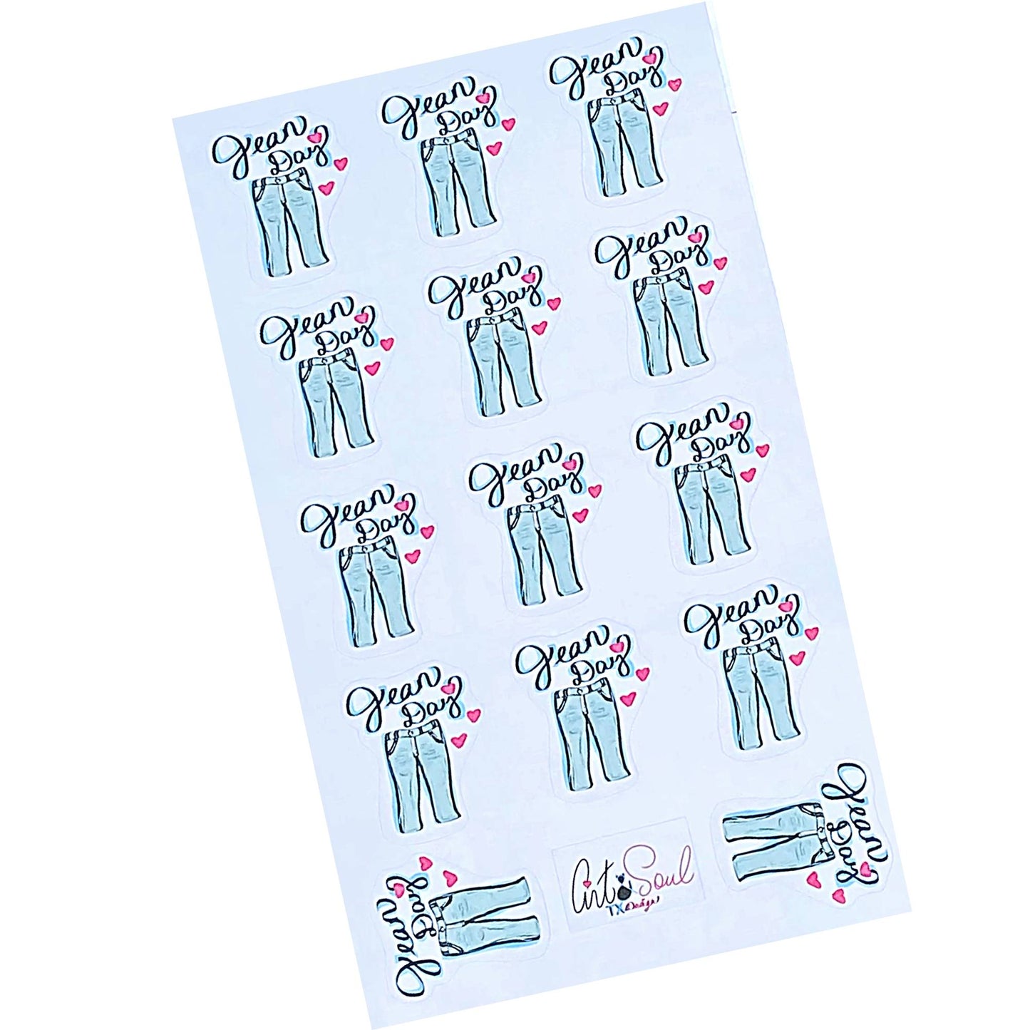 Jean Day reminder sticker sheet with 14 stickers showing jeans, hearts, and cute Jean Day text on white background.