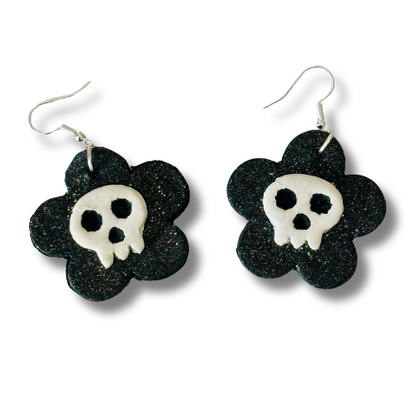 White Skull on Black Flower Earrings