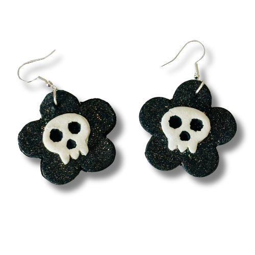 White Skull on Black Flower Earrings