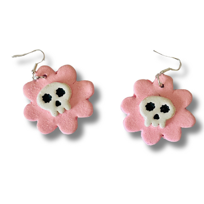 White Skull on Pink Flower Earrings