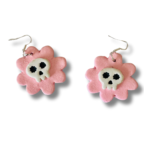 White Skull on Pink Flower Earrings