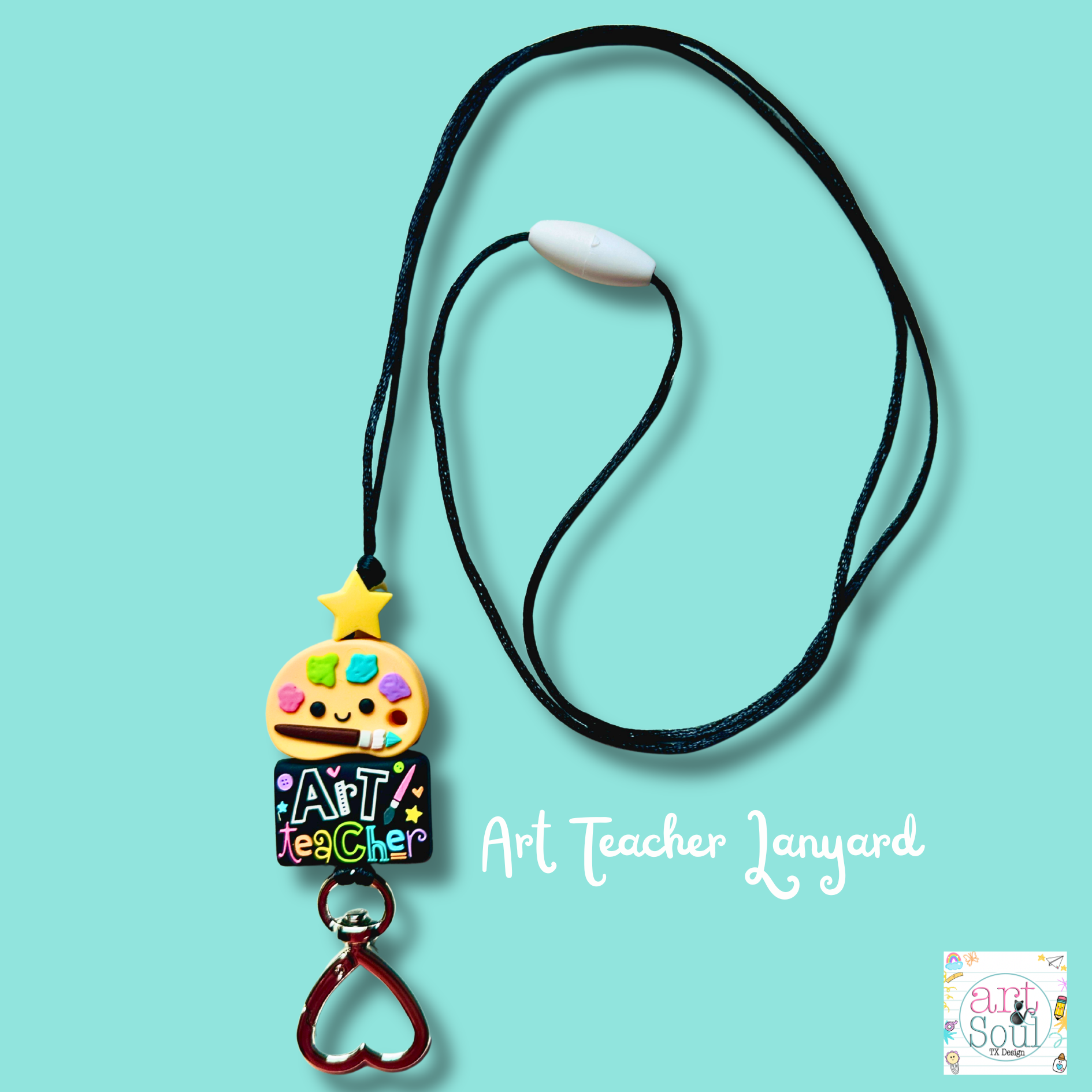 Art Teacher lanyard with colorful design on a light blue background