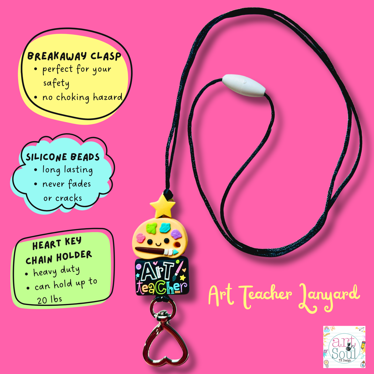 Art Teacher lanyard with features on a pink background