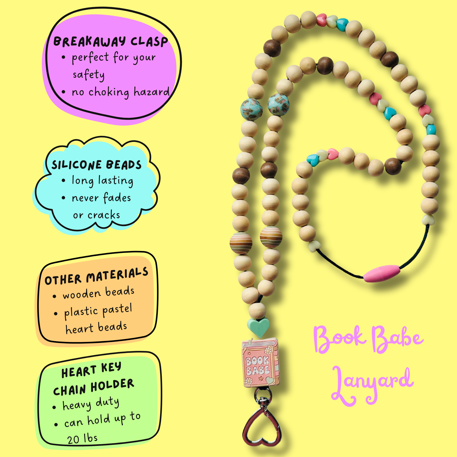 Book Babe lanyard with colorful beads and heart key chain holder on a yellow background showing basic info from safety use to the materials used. 