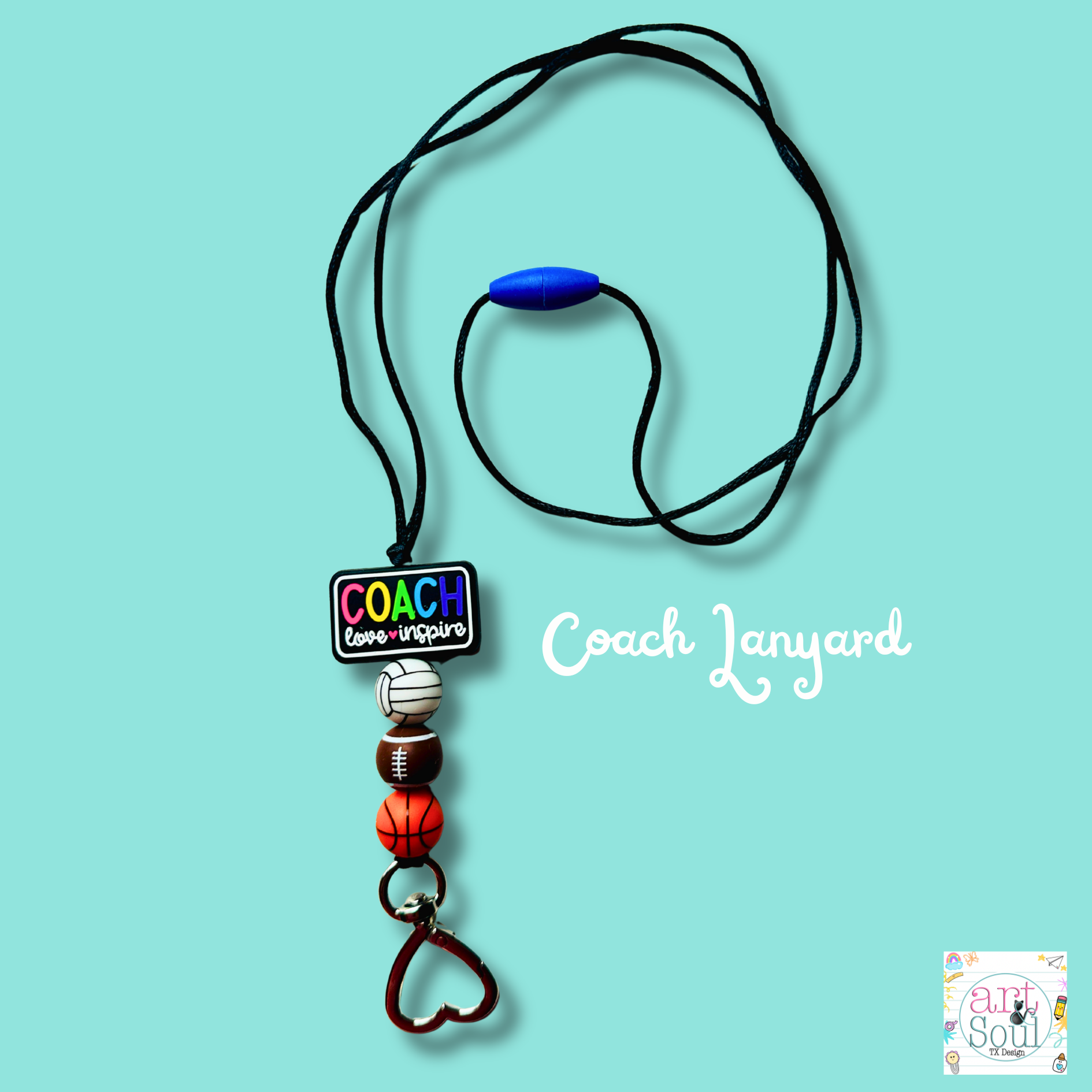 Coach lanyard with sports-themed beads on a light blue background