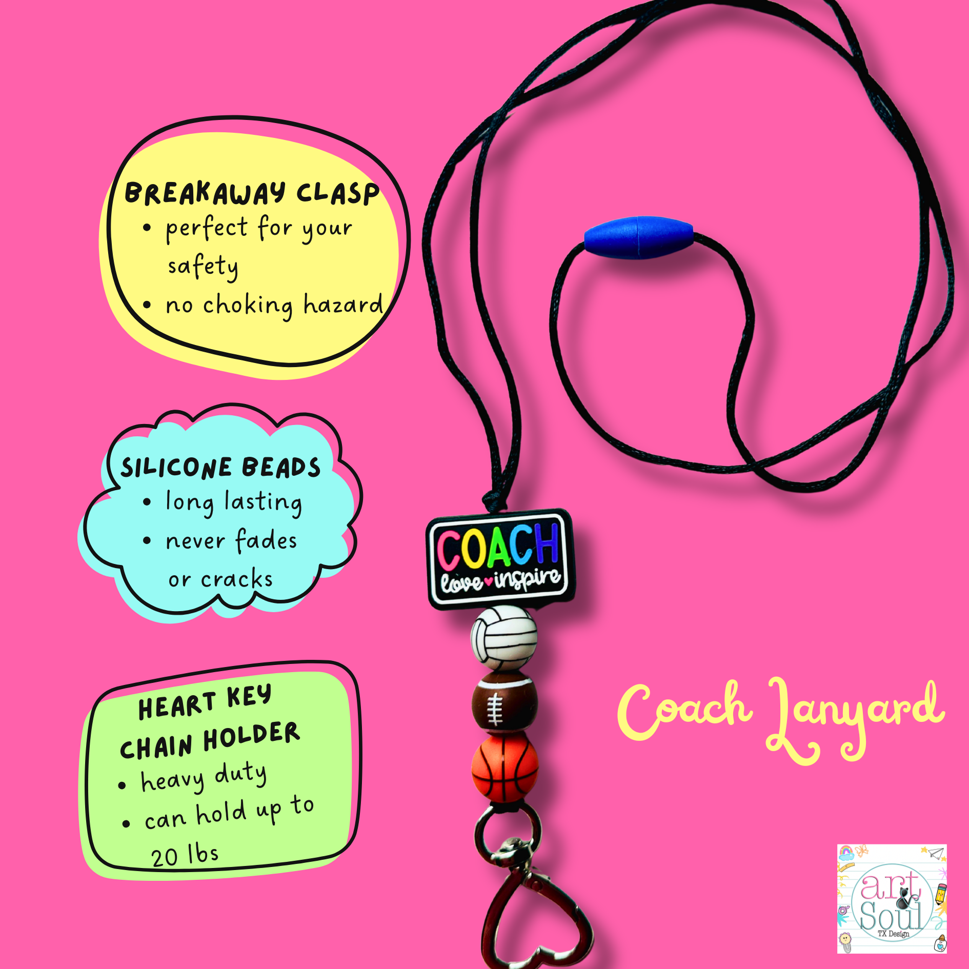 Coach lanyard with heart key chain holder and sports ball beads on a pink background along with descriptions explaining the materials and perfect for safety