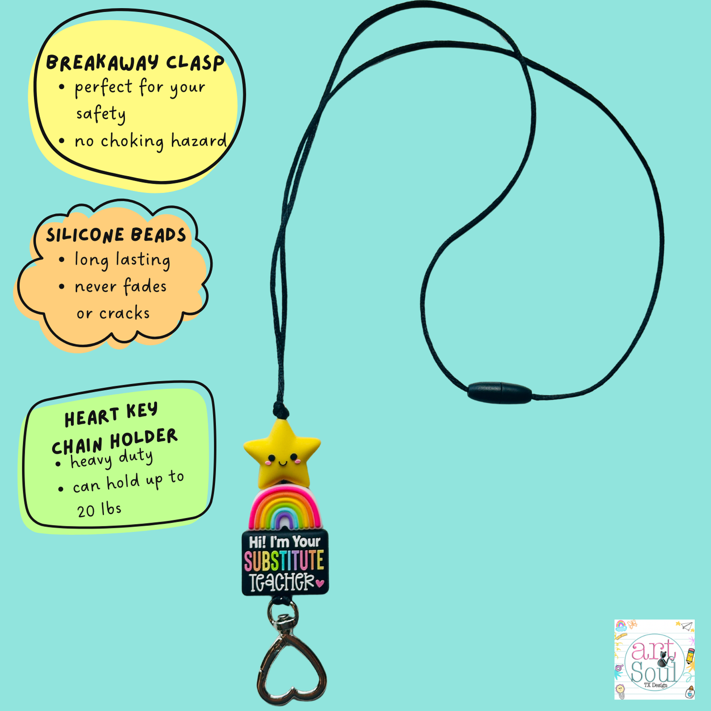 Substitute Teacher lanyard with descriptions show details about breakaway clasp, types of silicone beads, and heart key chain holder. 
