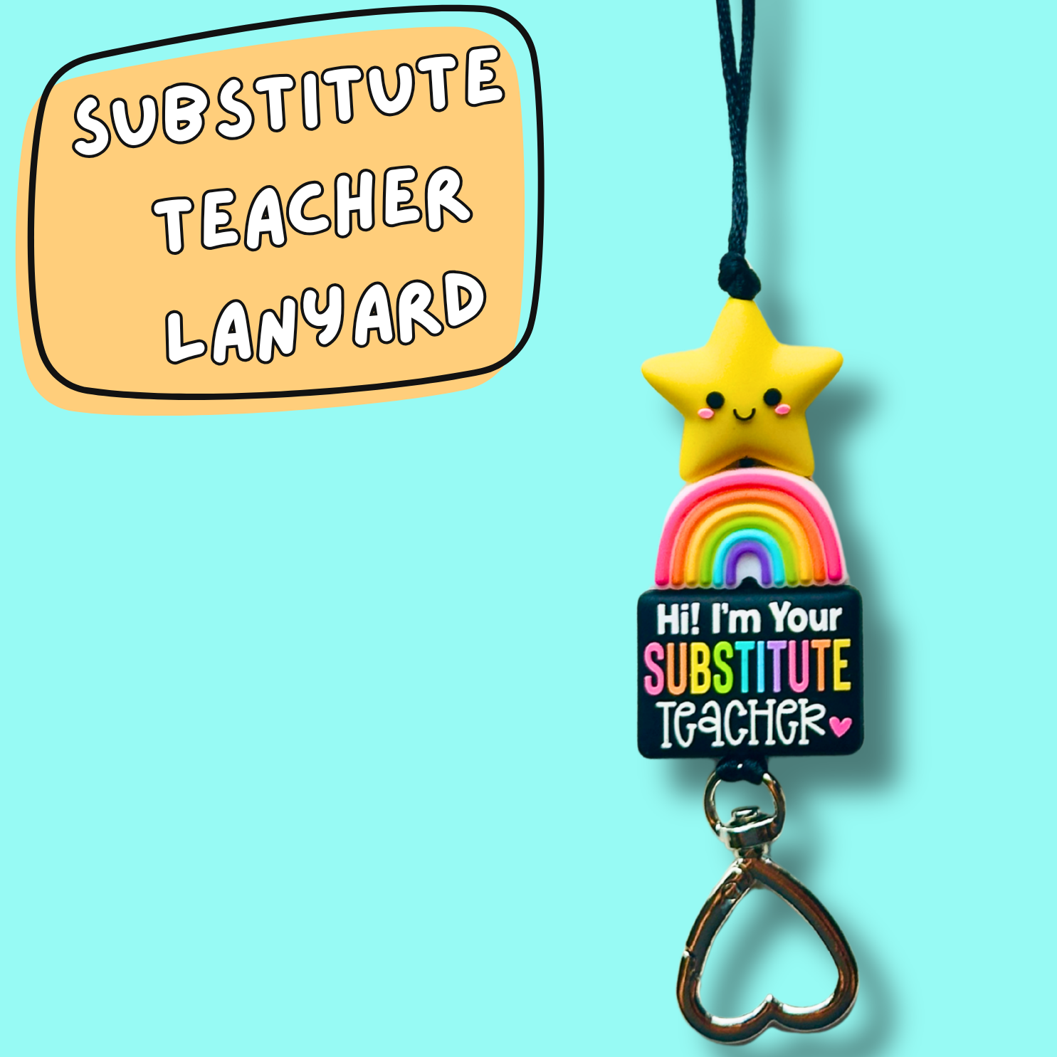 Substitute Teacher lanyard on a blue background with the title "Substitute Teacher Lanyard" on the left.