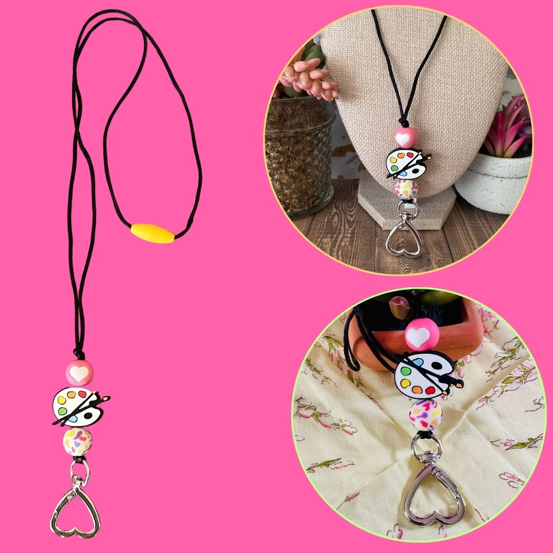 A Paint Palette Lanyard shown on a bright pink background with two circular insert photos demonstrating its use on a mannequin.