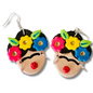A close-up of the large Frida Kahlo Bold Flower Crown polymer clay earrings.  The larger blue, red, and yellow flowers and bright red lips stand out against the white background.  The silver hoops look like Frida's earrings.