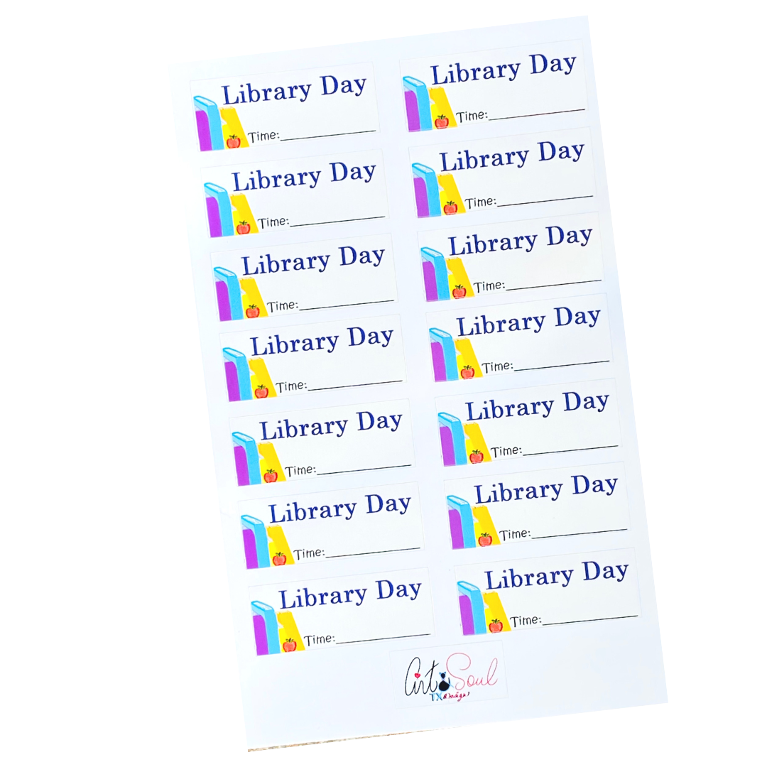 Library day planner stickers with colorful book graphics and space to write time for students to go to the library.