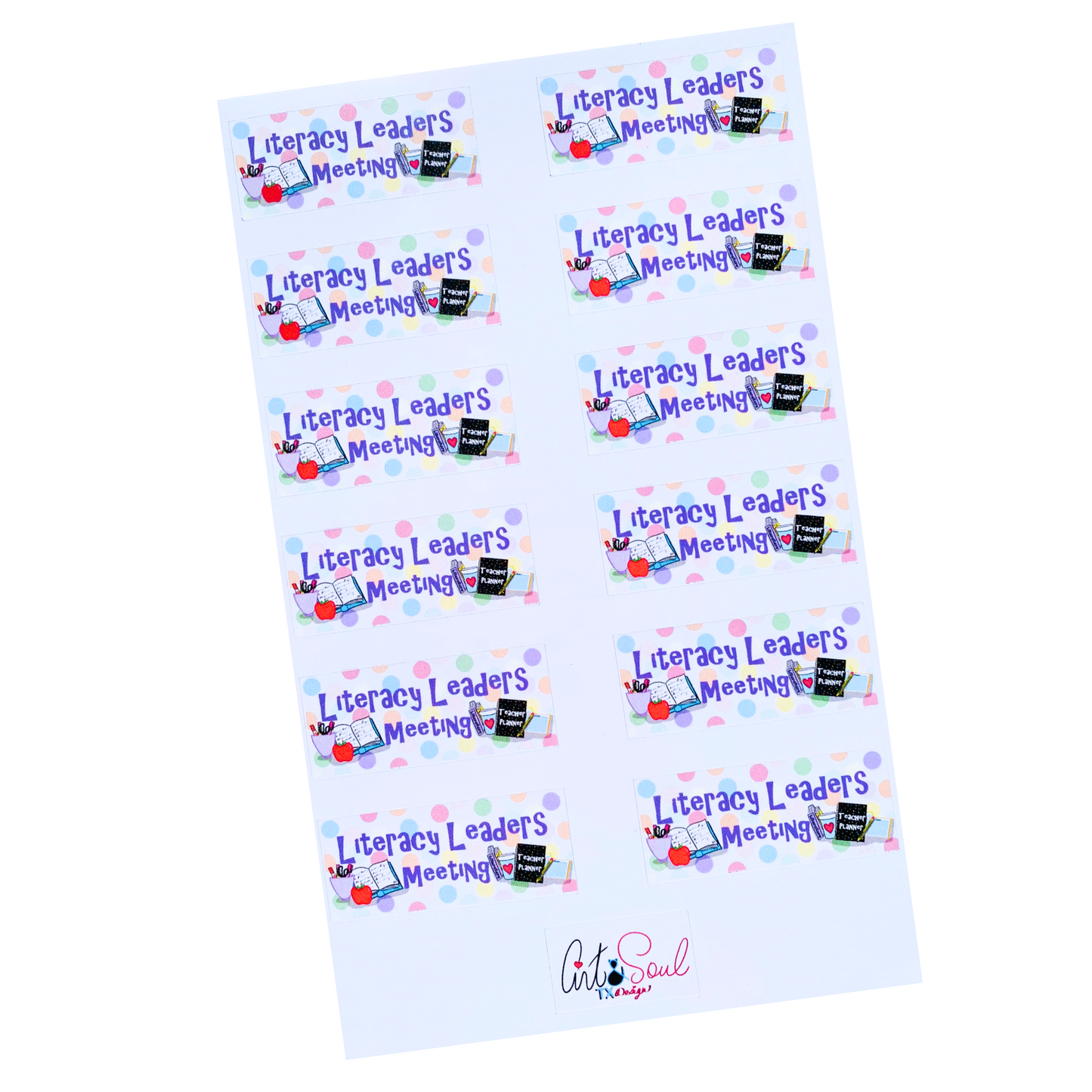 Literacy Leaders Meeting planner stickers with polka dots, teacher gear, apples, and notebooks, 12 stickers.