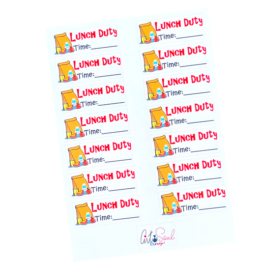 Lunch duty planner stickers with food graphics including lunch bag, sandwich, fruit, and space to write start time.