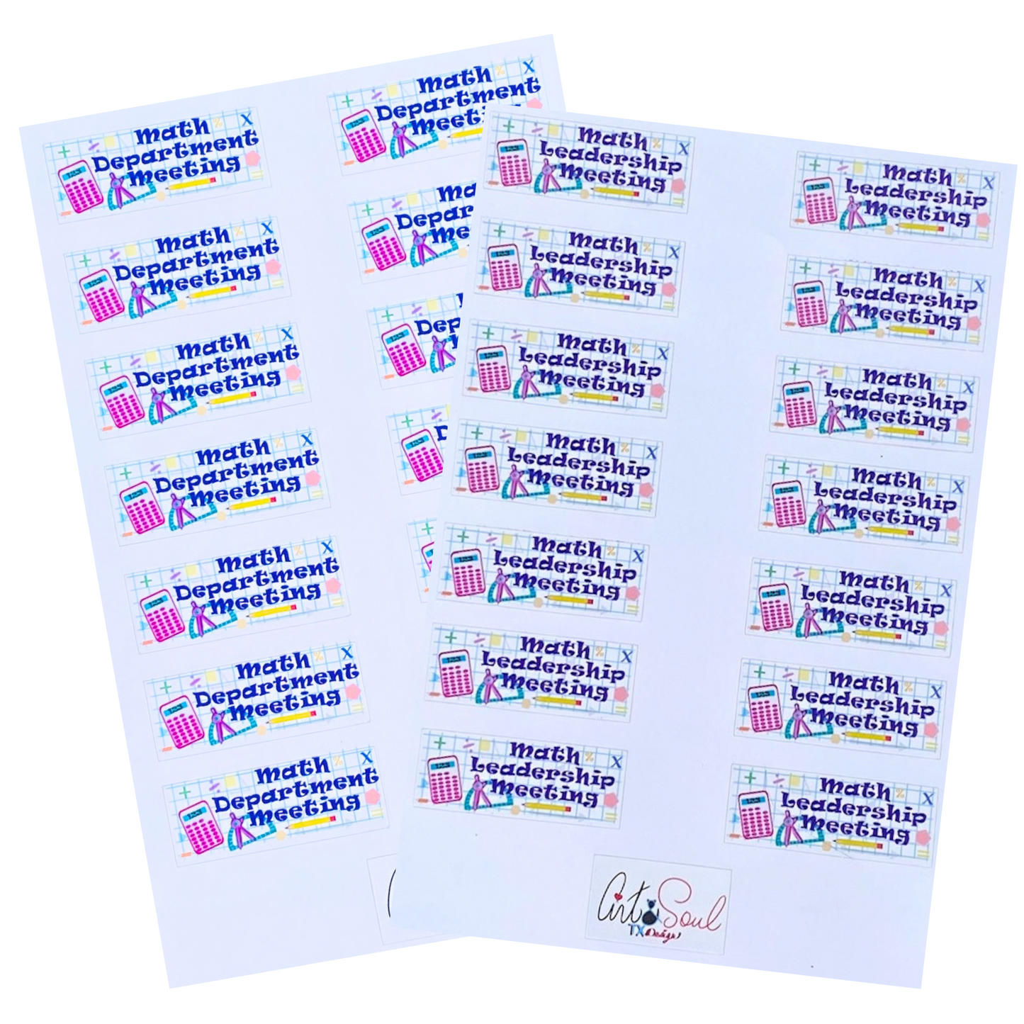 Math department and leadership meeting planner stickers with calculator, protractor, and math symbols on white background