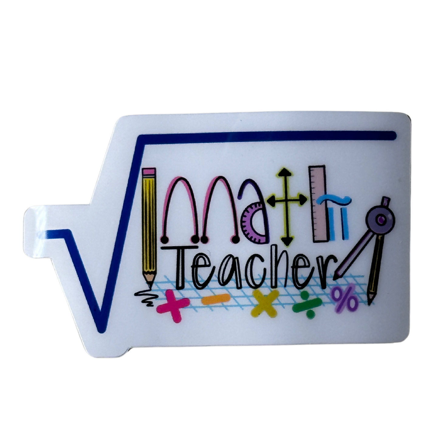 Math teacher vinyl sticker with math symbols, pi, parabolas, vectors, rulers, and compasses under division symbol.