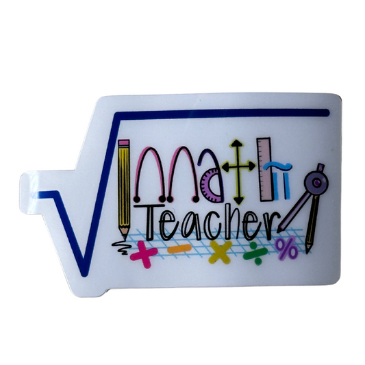 Math teacher vinyl sticker with math symbols, pi, parabolas, vectors, rulers, and compasses under division symbol.