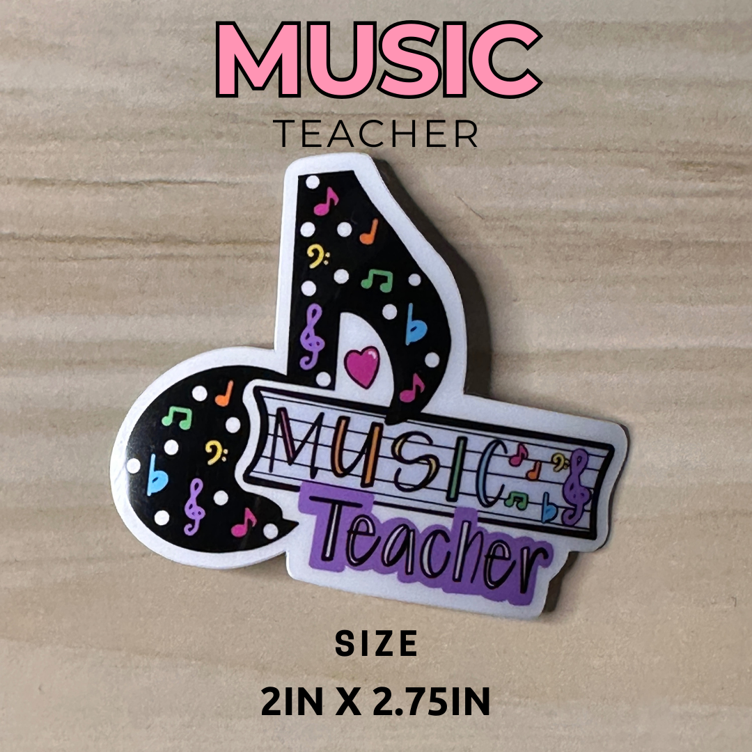 Music Teacher waterproof vinyl sticker with size dimensions displayed, 2.5 by 1.75 inches.