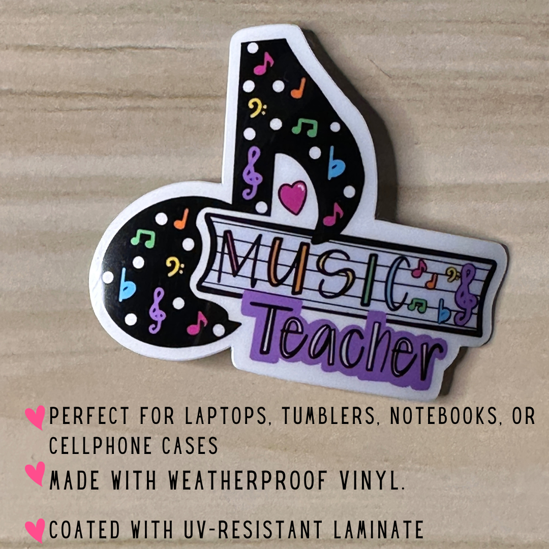Music Teacher vinyl sticker shown with text listing use cases including laptop, tumbler, notebook, and phone case.