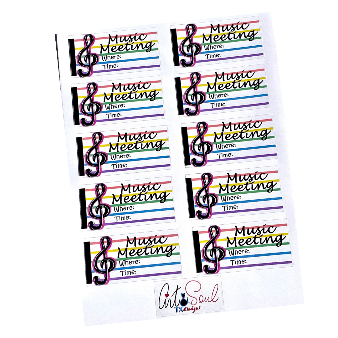 Music meeting planner stickers with treble clef design and space for time and location details.