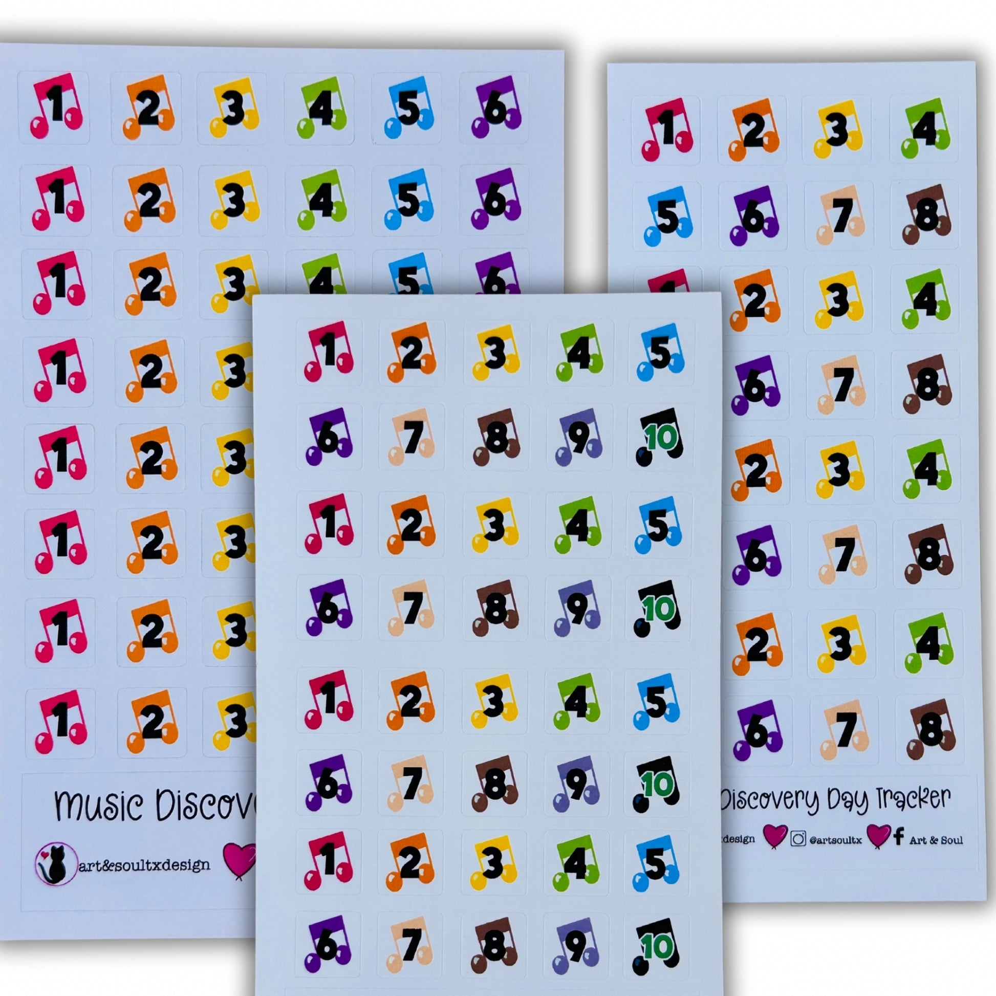 Colorful music note rotation schedule stickers with bold numbers for tracking 6, 8, and 10 day classroom schedules.