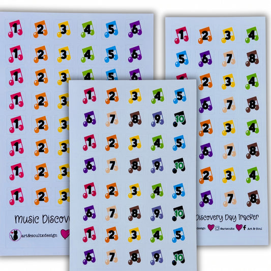 Colorful music note rotation schedule stickers with bold numbers for tracking 6, 8, and 10 day classroom schedules.