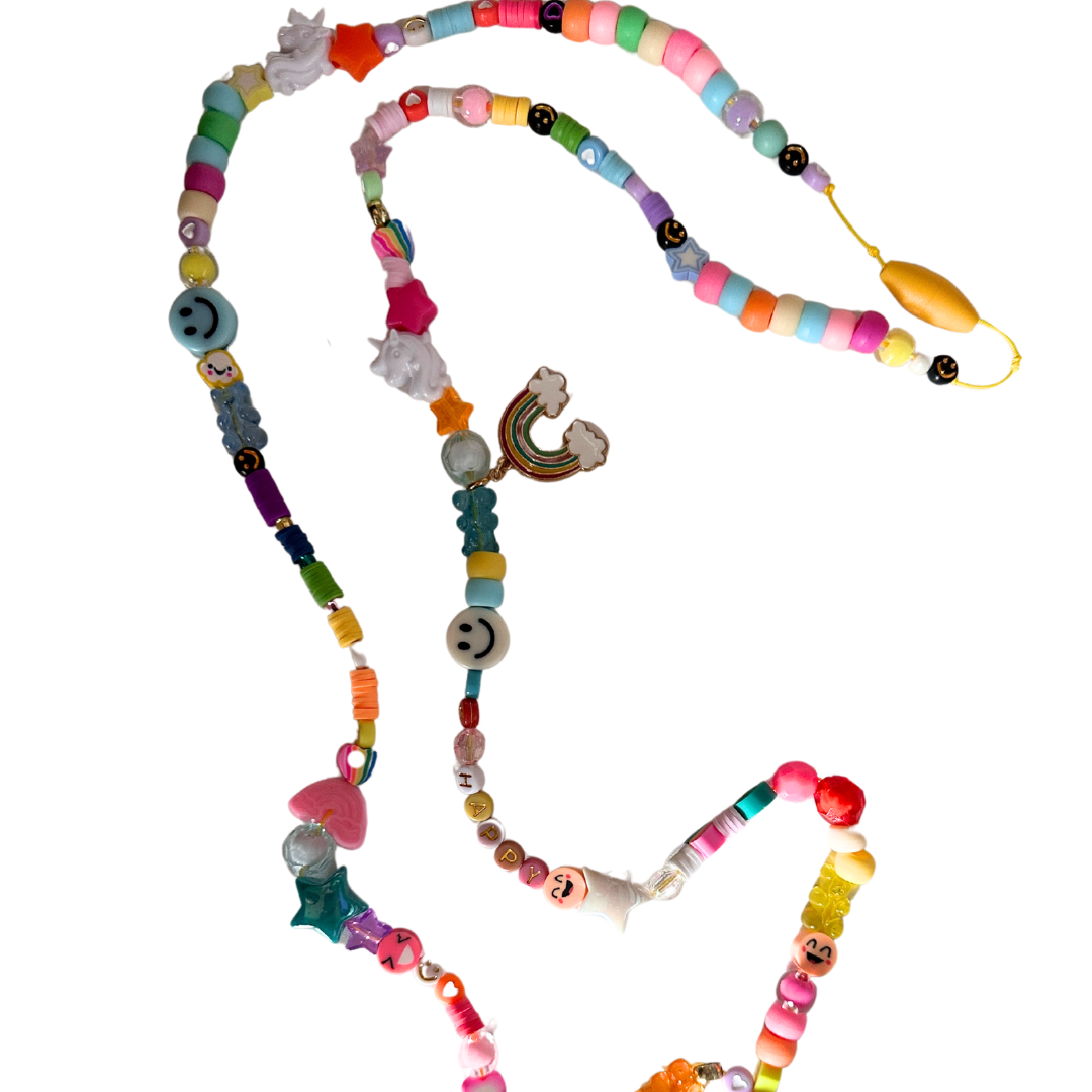 Close-up of colorful retro beads on Nostalgic 90's teacher lanyard showing detailed bead pattern.